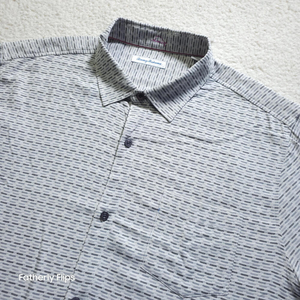 Tommy Bahama Mens XXL Short Sleeve Silk Button Shirt Gray Geometric Stripe